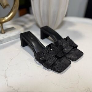 Black Slide Sandals Low Block Heel Square Toe Minimalist Chic Size 6.5